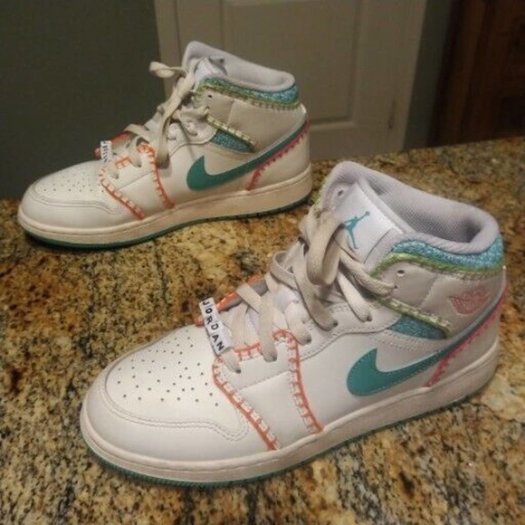 Jordan Shoes - Nike Air Jordan 1 Mid SE GS Multi Knit White Teal Orange DM6218-100 7Y Wmn's 8